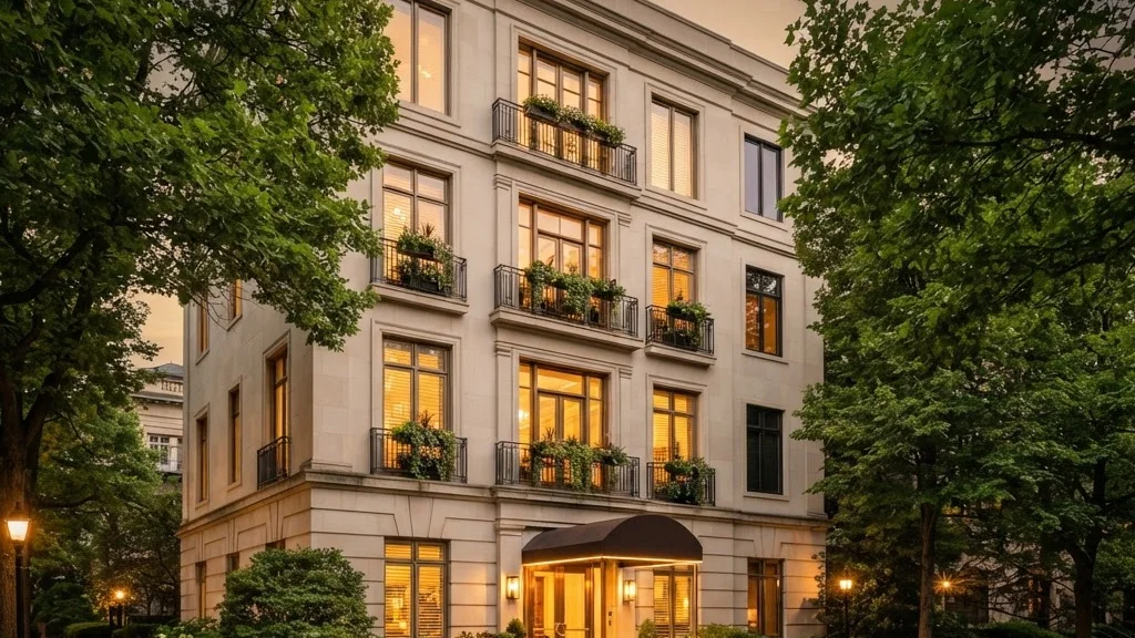Limestone apartment building at dusk, warm light in the windows and a lit canopied entrance, framed by leafy street trees