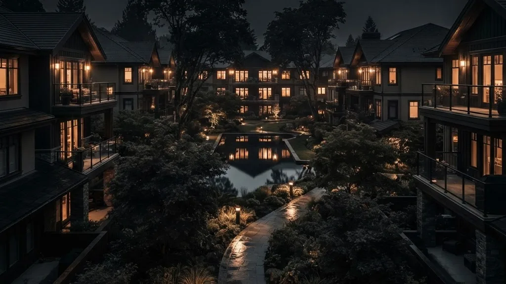 Garden-style residential community at night, low buildings around a lit courtyard path and reflecting pool